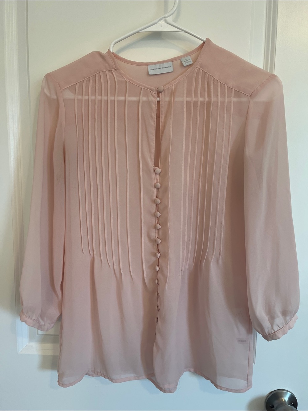 New York & Company Blush Pink Pleated Button-Front Blouse